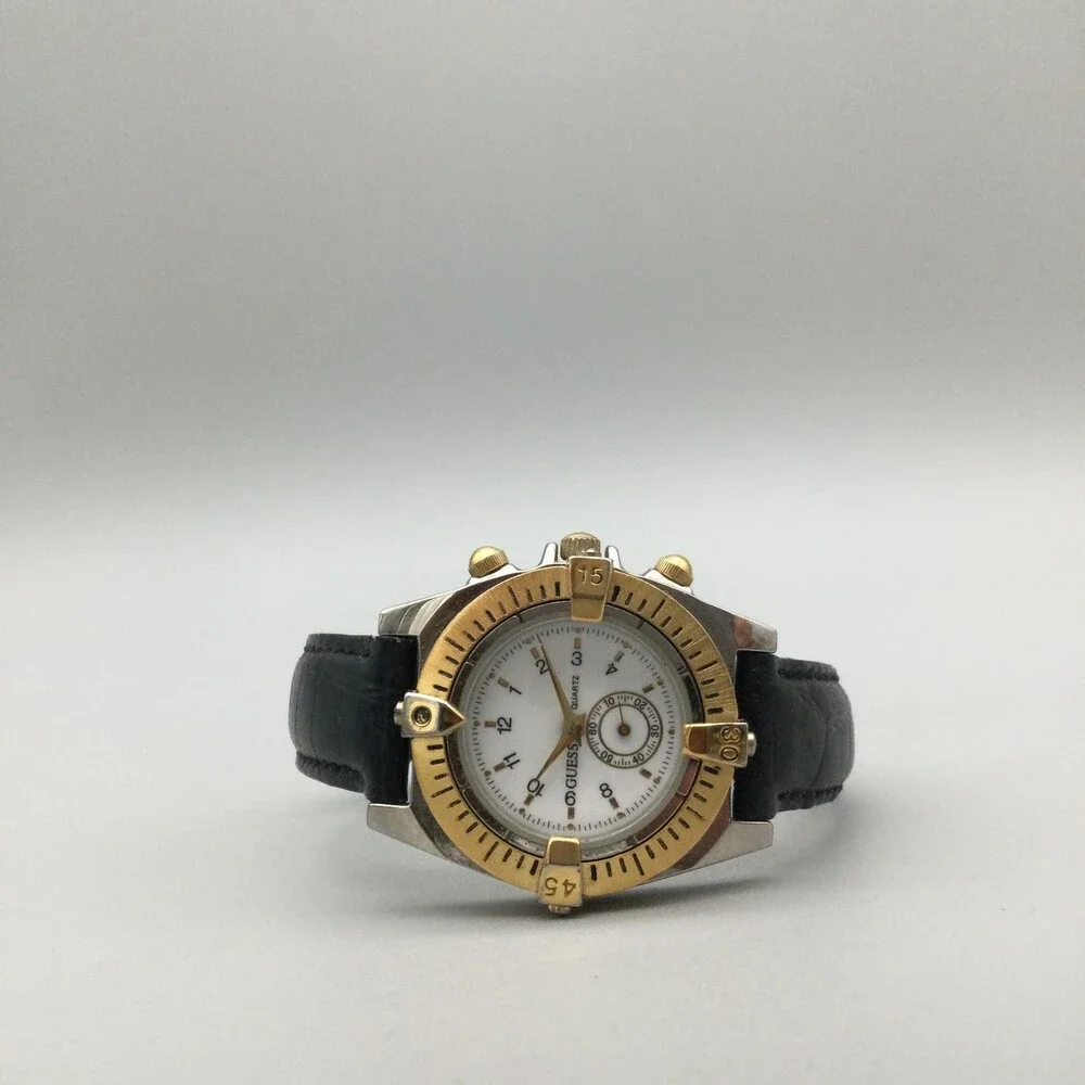 Vintage Guess Womens Watch 28mm Two Tone Gold Black Leather New Battery